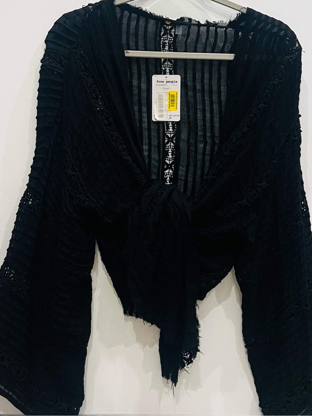 Free People Black Tie-Front Textured Boho Blouse Kimono NWT